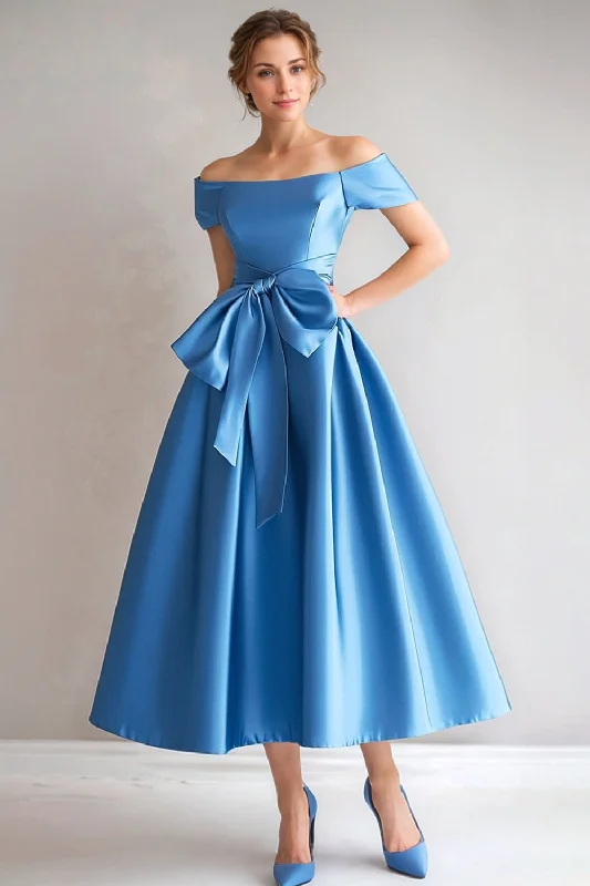 Sequined Dresses for Sparkle -Blue Off the Shoulder A-Line Satin Tea Length Mother Of The Bride Dress with Bow