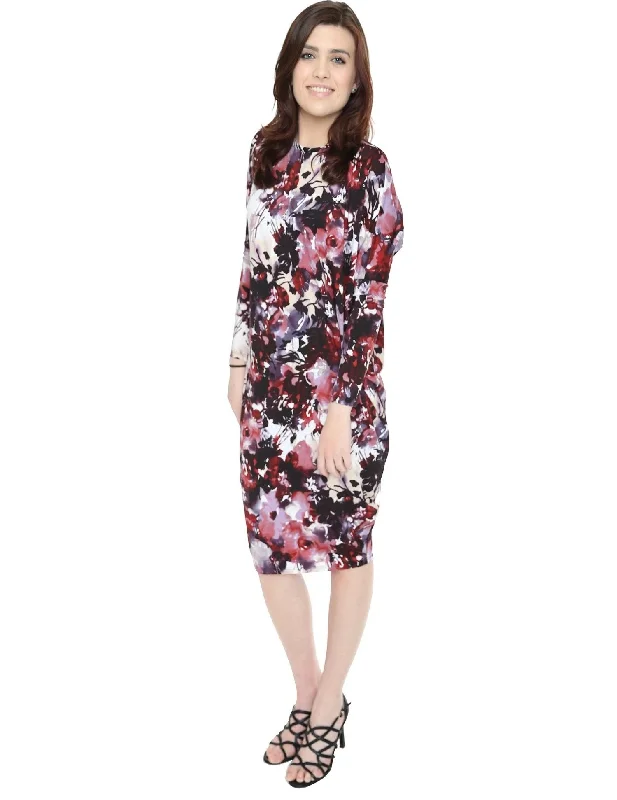 Strapless Dresses for Glamorous -Women's Floral Print Long Sleeve Comfy Cover Up Knee Length Dress (Petite Size)