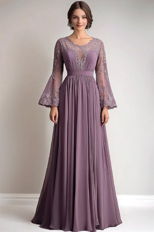 Spandex Dresses for Flexible -Lace Chiffon Taro Purple Mother Of Bride Dress with Long Sleeves