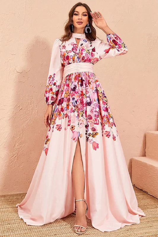 Studded Dresses for Statement -Floral Print Pink A Line Long Sleeves Prom Dress with Slit