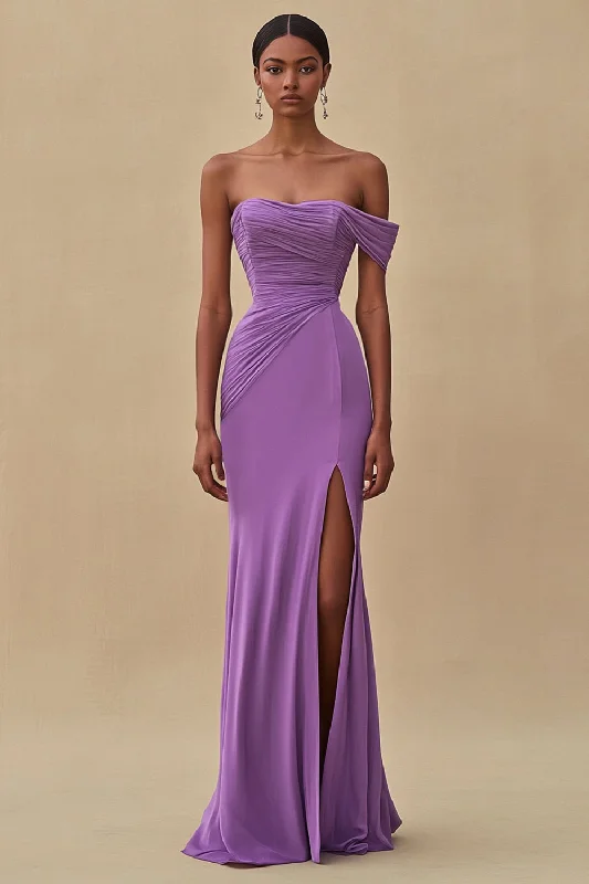 Sheath Dresses for Sophisticated -Off Shoulder Purple Mermaid Long Formal Dress with Slit