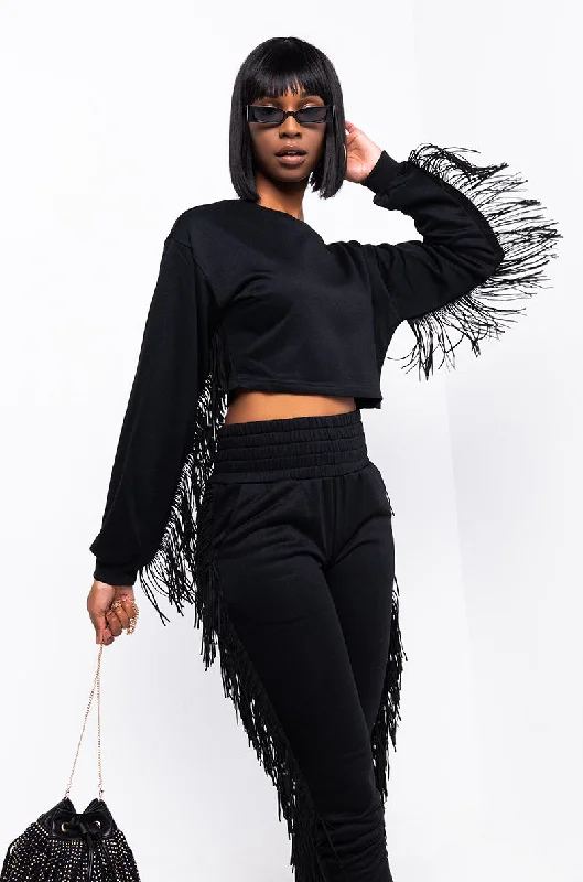 Hippie Blouses with Beads -FRINGE ALL THE WAY SWEATSHIRT BLACK