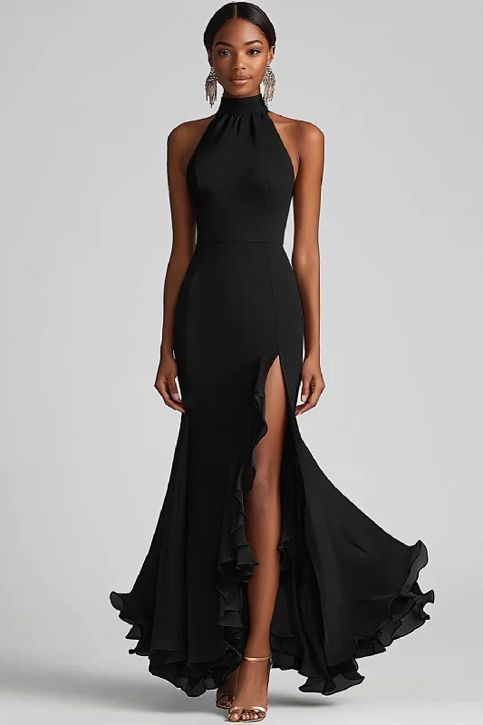 Mini Dresses for Youthful Look -Halter Neck Black Ruffles Mermaid Long Formal Dress with Slit