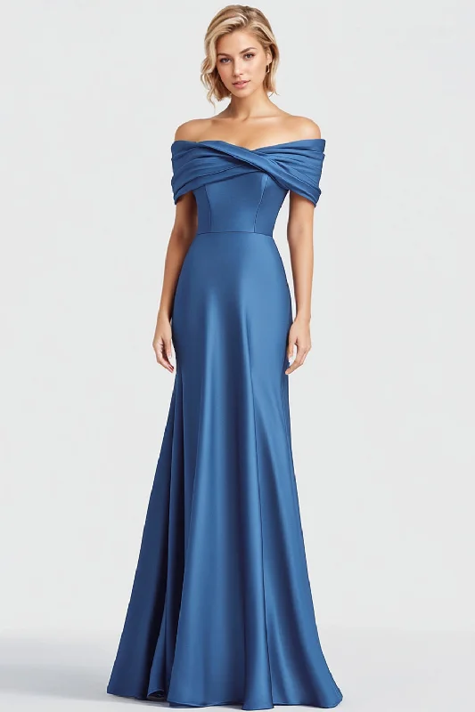 Orange Dresses for Energetic -Blue Mermaid Ruched Off the Shoulder Satin Long Formal Dress