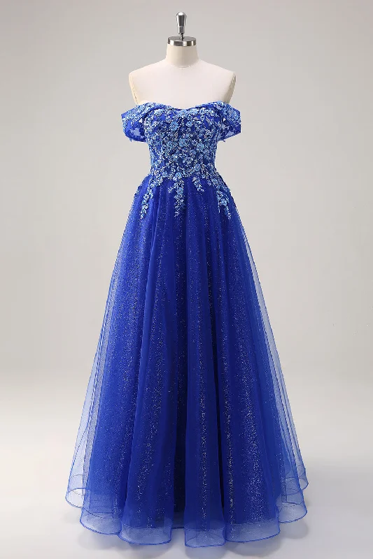 Celtic Dresses with Knotwork -Royal Blue Tulle A-Line Off the Shoulder Sparkly Applique Long Prom Dress with Beading