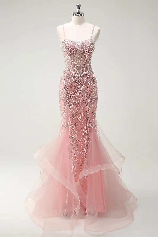 Short-sleeved Dresses for Summer -Sparkly Pink Mermaid Spaghetti Straps Corset Long Prom Dress