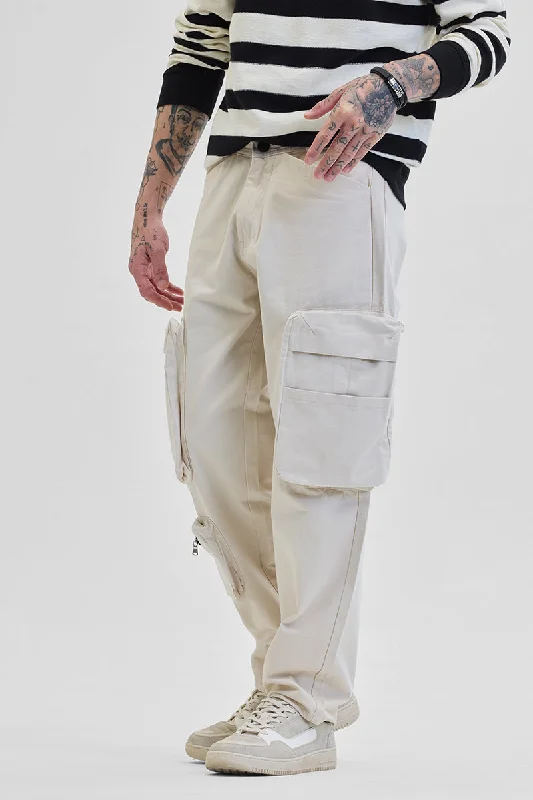 Cargo Pants with Cargo Pockets for High School Sports -Cream Relaxed Fit Multi-Pocket Cargo Pants