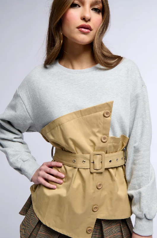 Off Shoulder Blouses for Sexy -READY FOR ACTION BELTED MIXED MATERIAL SWEATSHIRT