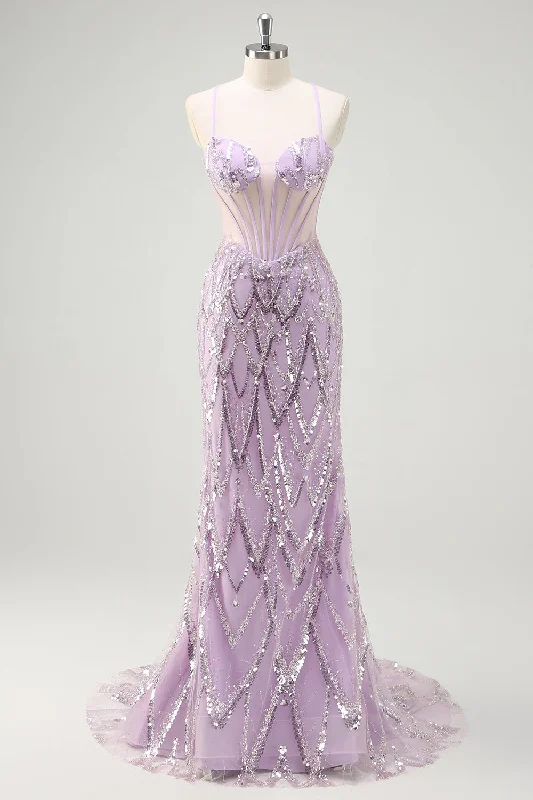 Retro Dresses for Throwback -Lilac Mermaid Spaghetti Straps Corset Sequin Long Prom Dress