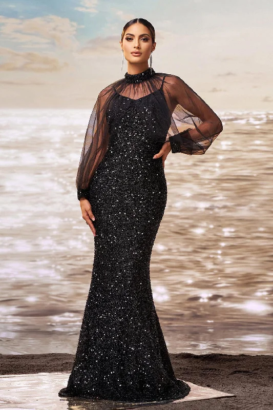 Halter Dresses for Chic Style -Sparkly Mermaid Black Sequin Long Sleeves Prom Dress