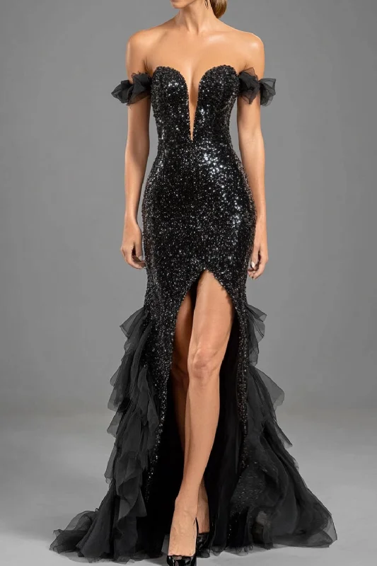 Printed Dresses with Patterns -Black Mermaid Off The Shoulder Sequins Tulle Formal Dress