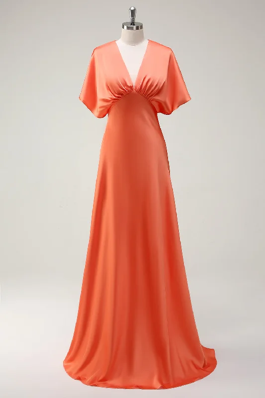 Leather Dresses for Luxury -Sunset A Line V-Neck Satin Bridesmaid Dress with Short Sleeves