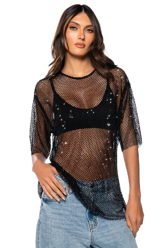 Party Blouses for Night Out -GOT PLANS TONIGHT RHINESTONE MESH T-SHIRT