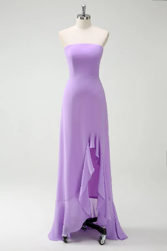 Mini Dresses for Youthful Look -Purple A-Line Strapless Ruffled Long Bridesmaid Dress with Bow Ties