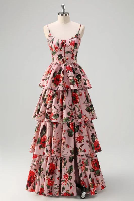 Indian Dresses with Intricacy -A Line Tiered Grey Pink Spaghetti Straps Floral Long Prom Dress