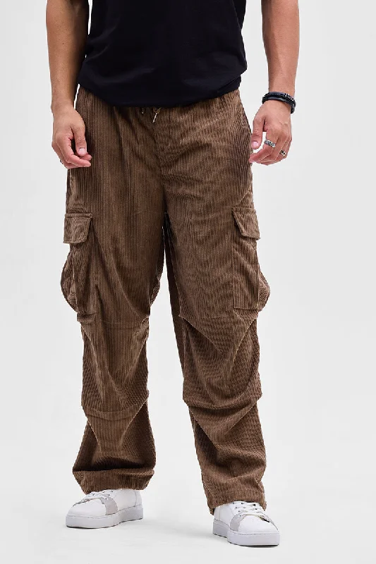 Cargo Pants with Cargo Pockets for Designers -Brown Corduroy Baggy Fit Cargo