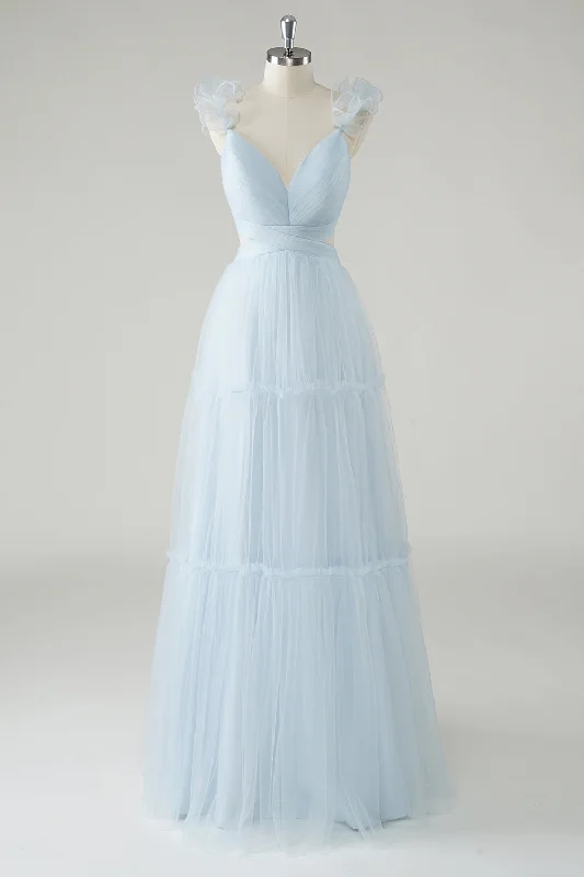 Modern Dresses for Trendy -Sky Blue A-Line Ruffles Straps V-Neck Tulle Long Bridesmaid Dress