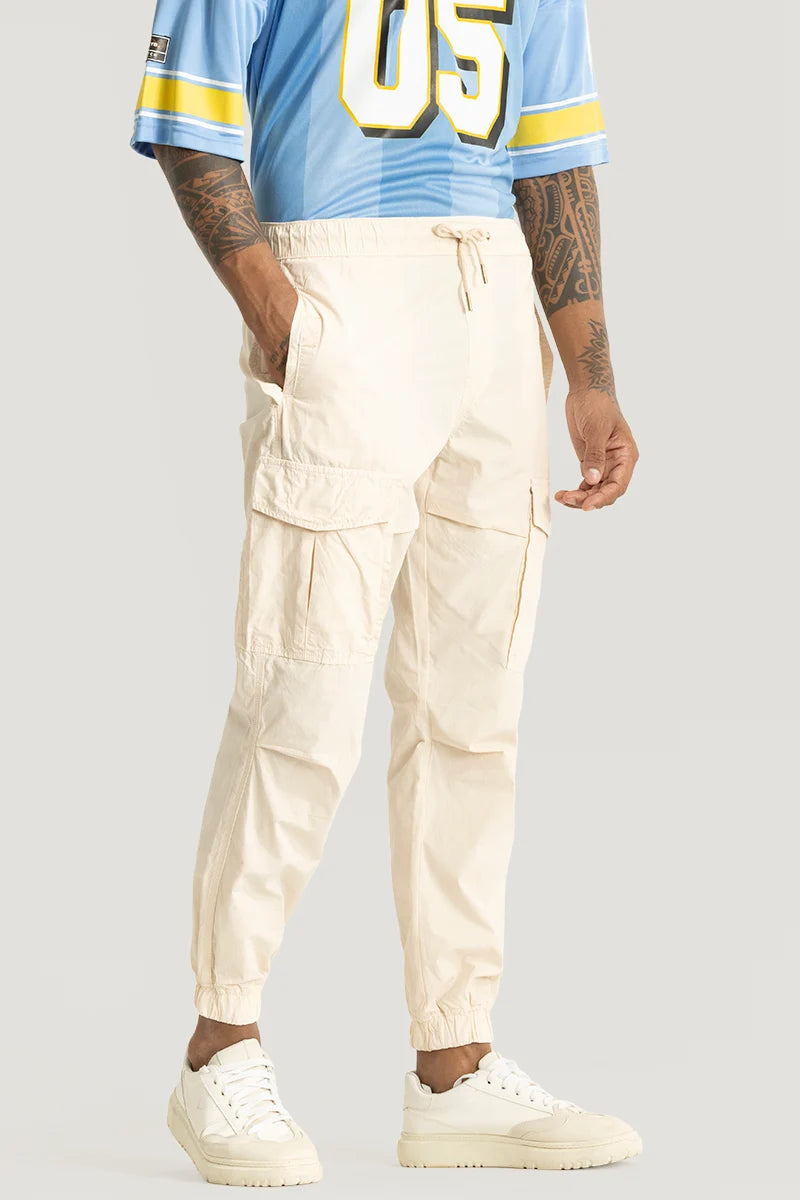 Cargo Pants with Cargo Pockets for Trekking -Realm Cream Plain Regular Fit Cargo Pants