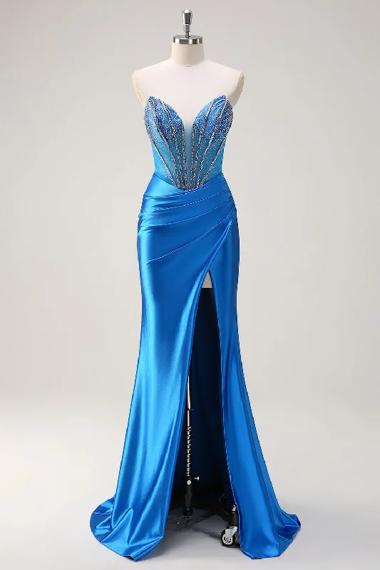 Orange Dresses for Energetic -Blue Mermaid Strapless Beaded Corset Prom Dress with Slit