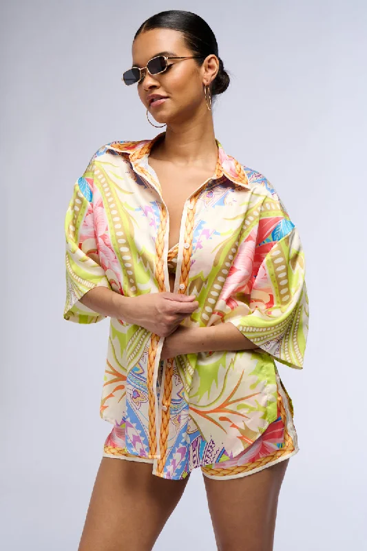 Satin Blouses for Luxurious -BAHAMA MAMA PRINTED BUTTON DOWN SHIRT