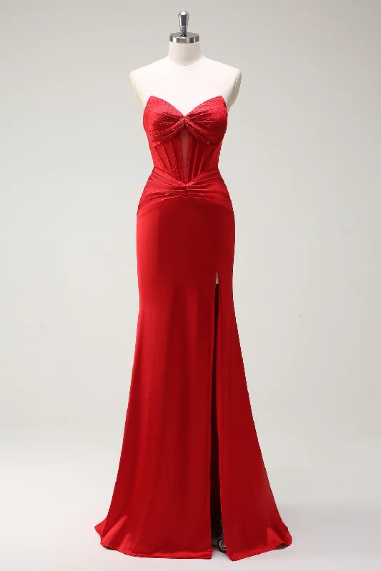 Wrap Dresses for Adjustable -Mermaid Sweetheart Red Corset Long Prom Dress with Slit