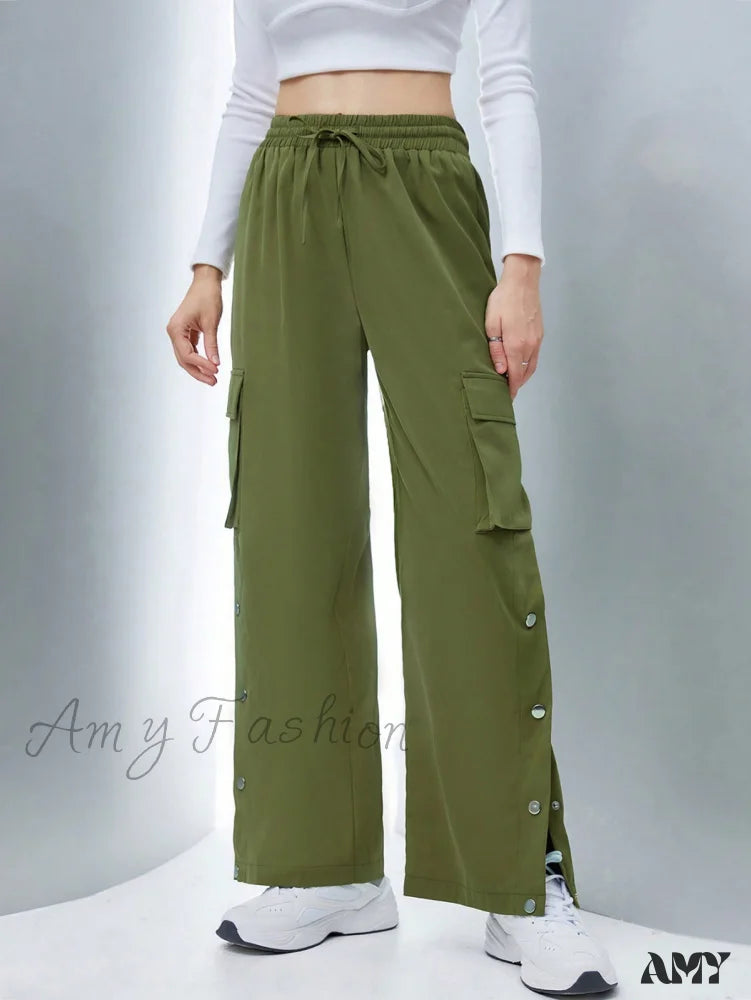 Waterproof Cargo Pants for Rainy Day Activities -Amy Fashion - Flap Pocket Side Drawstring Waist Button Hem Cargo Pants