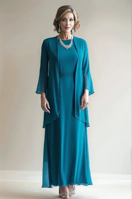 Low-waisted Dresses for Relaxed -Peacock Blue 2 Piece Round Neck A Line Mother of The Bride Dress