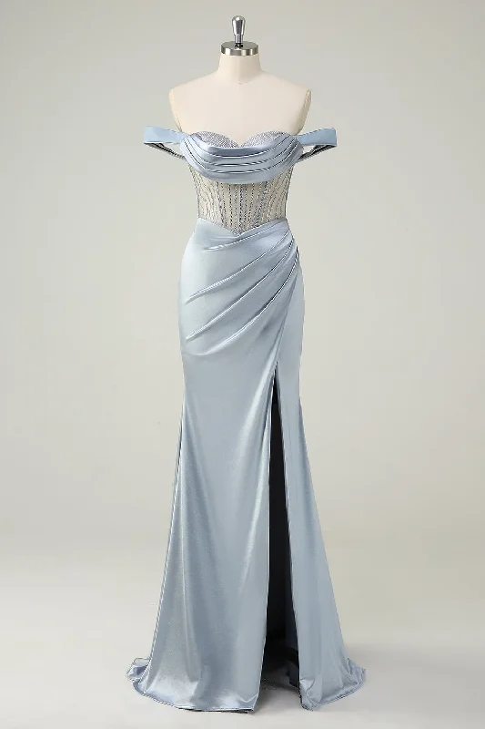 Vintage Dresses for Nostalgia -Dusty Blue Mermaid Corset Off The Shoulder Long Prom Dress With Slit