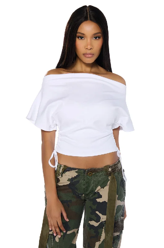 Twill Shirts for Durable -CRAZY IN LOVE SHORT SLEEVE OFF THE SHOULDER TSHIRT IN WHITE