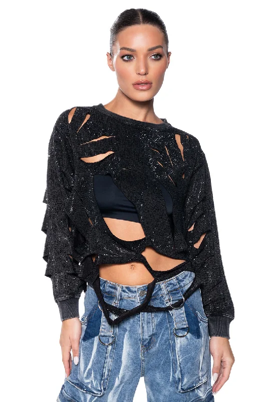 Blouson Blouses for Relaxed -THRASHER RHINESTONE SHREDDED SWEATSHIRT