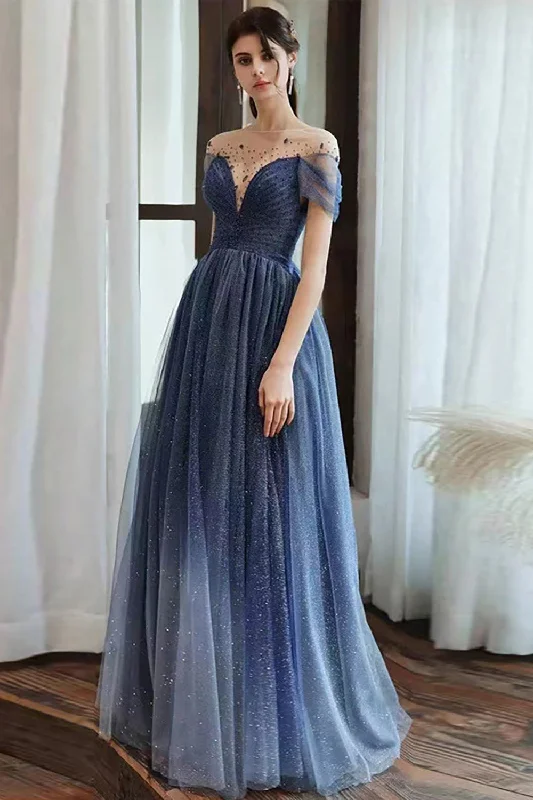 Resort Dresses for Vacation -Navy A Line Round Neck Short Sleeves Tull Long Prom Dress