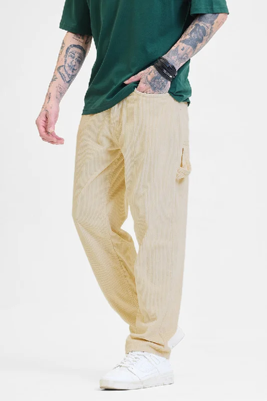 Loose Fit Cargo Pants with Multiple Pockets -Cream Corduroy Relaxed Fit Cargo Pants