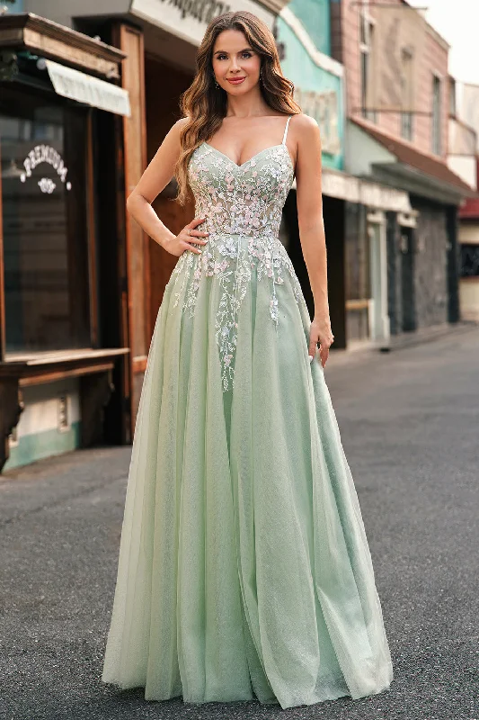 Punk Dresses with Spikes -Sage Tulle A-Line Spaghetti Straps Long Prom Dress with Appliques