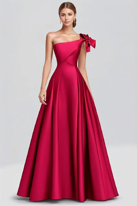 Green Dresses for Nature -Fuchsia A-Line One Shoulder Bow Satin Long Formal Dress