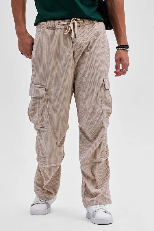 Cargo Pants with Cargo Pockets for Writers -Beige Corduroy Baggy Fit Cargo