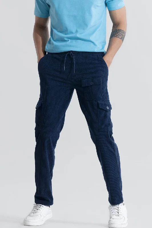 Cargo Pants with Cargo Pockets on Thighs -Cullin Navy Corduroy Cargo Pant