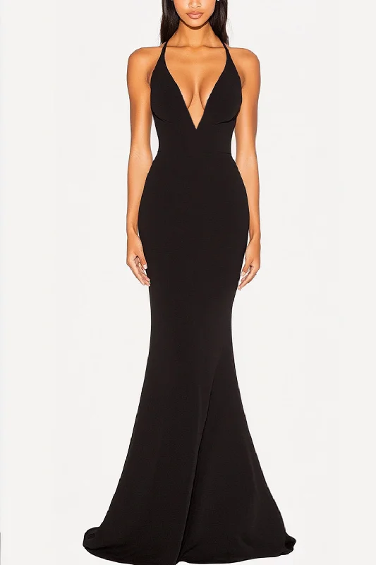 Sleeveless Dresses for Coolness -Black Mermaid Deep V-Neck Formal Dress