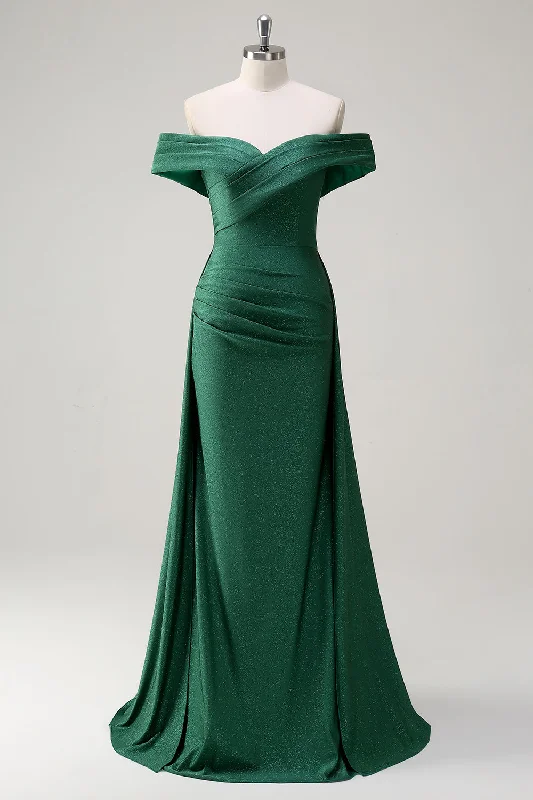 Shift Dresses for Simple Look -Glitter Dark Green Off the Shoulder Mermaid Prom Dress