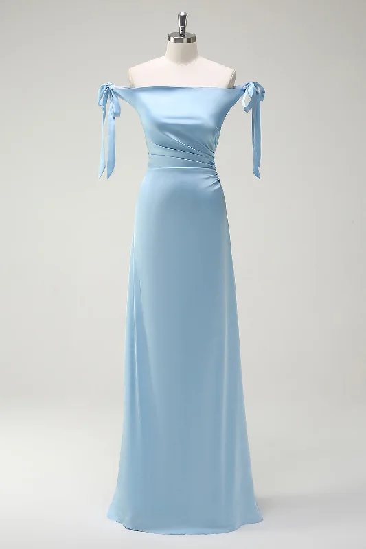 Striped Dresses for Fashionable -Sky Blue A Line Off The Shoulder Long Bridesmaid Dress