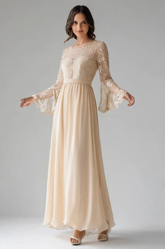 Polyester Dresses for Durable -Apricot Chiffon Scoop Neck Flare Sleeves A Line Lace Mother of The Bride Dress