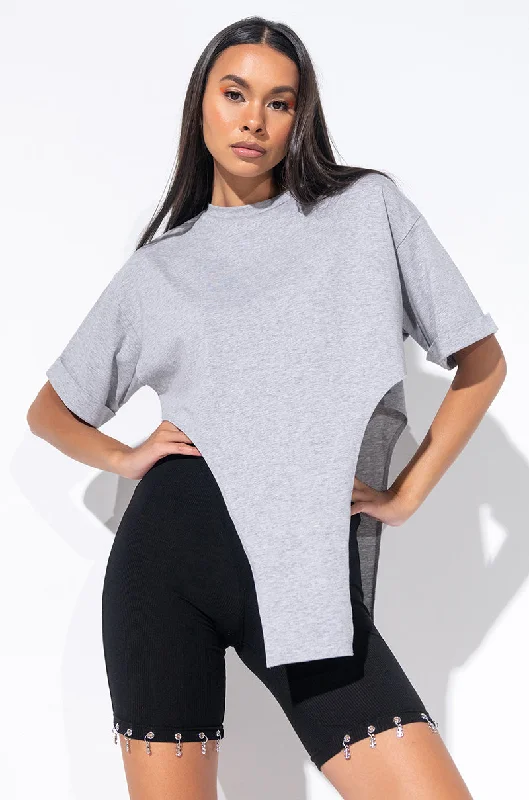 Retro Blouses for Throwback -UNTHINKABLE T SHIRT WITH IRREGULAR HEM HEATHER GREY