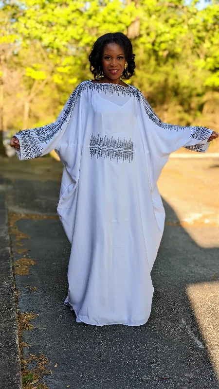 Fashionable Dresses for Style -White African women's chiffon Abaya Moroccan Kaftan dress with black rhinestones-DPKWBC45