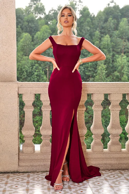 Maxi Dresses for Elegant Style -Burgundy Mermaid Off the Shoulder Lace-Up Long Formal Dress with Slit