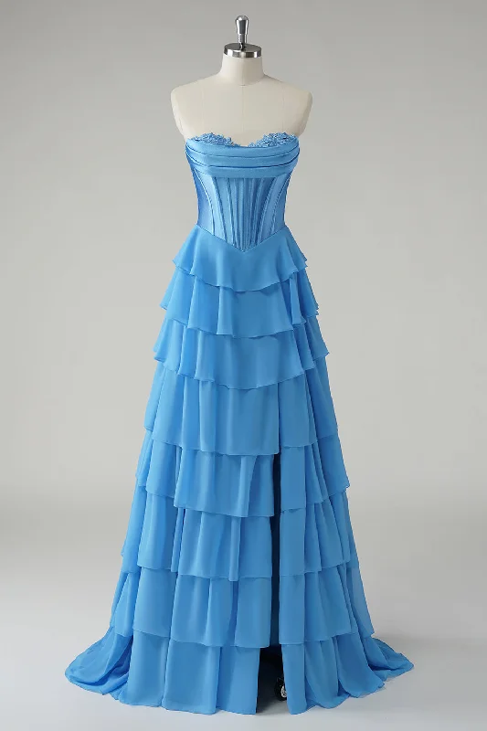 Embroidered Dresses for Detailed -Blue Sweetheart Ruffled A Line Long Prom Dress