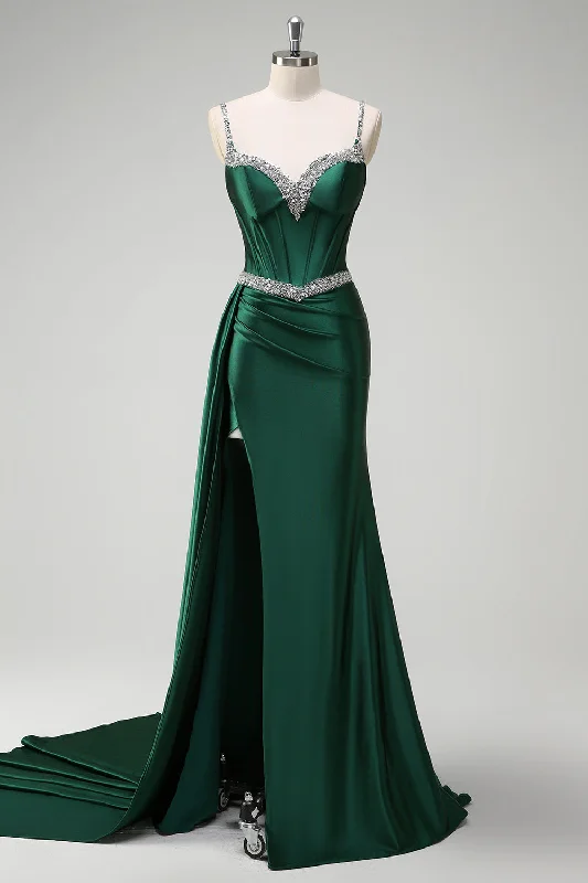 Contemporary Dresses for Fashion -Sparkly Dark Green Mermaid Side Streamer Sequined Corset Satin Prom Dress with Slit