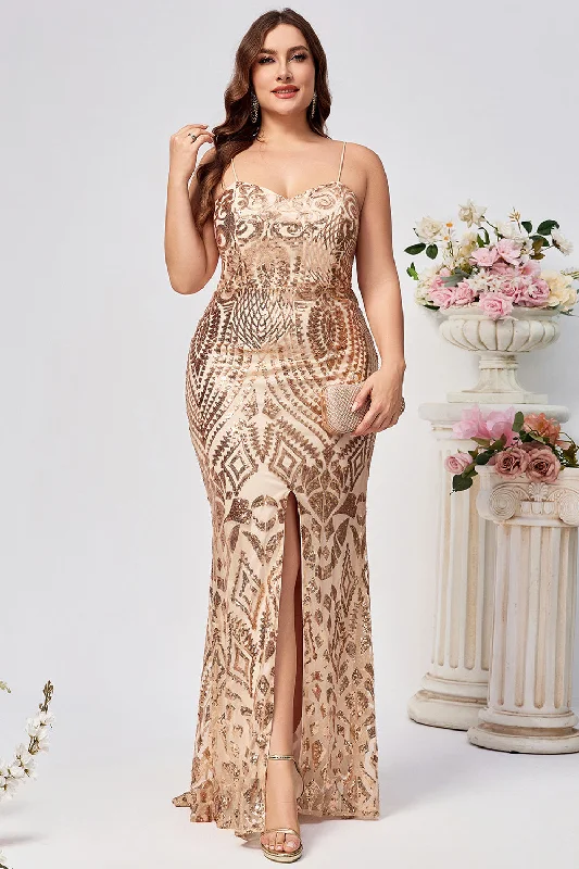 Wrap Dresses for Adjustable -Sparkly Plus Size Golden Mermaid Sequin Embroidered Long Prom Dress with Split