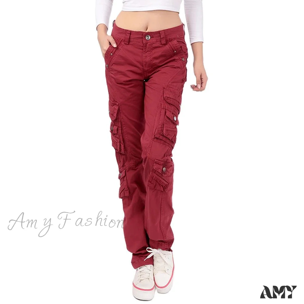 Cargo Pants with Cargo Pockets for Sports -Amy Fashion - Joggers Streetwear Hiking Trousers Solid Candy Color