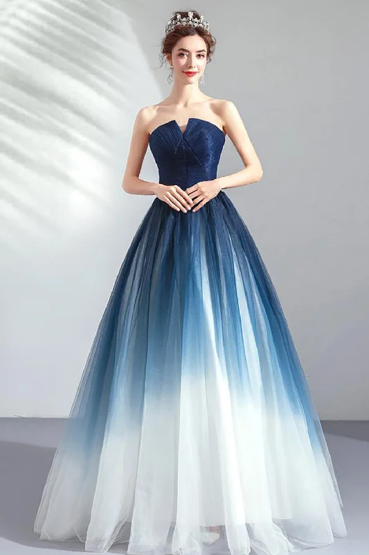 Striped Dresses for Fashionable -Navy A Line Strapless Tulle Pleated Long Prom Dress