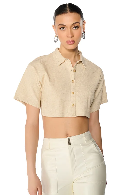 Clip On Blouses for Non Pierced -YOURS TRULY LINEN SHORT SLEEVE BUTTON DOWN SHIRT