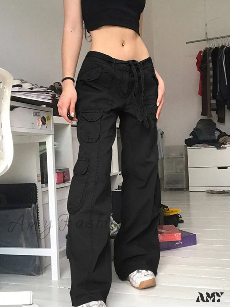 Cargo Pants with Cargo Pockets for Mountaineering -Amy Fashion - Woman High Waist Baggy Straight Leg Jeans